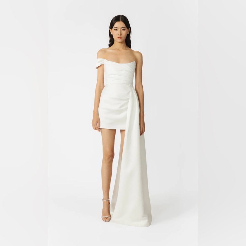 SAU LEE Brenda White Satin Bridal Mini Dress Detachable Train | Size 0